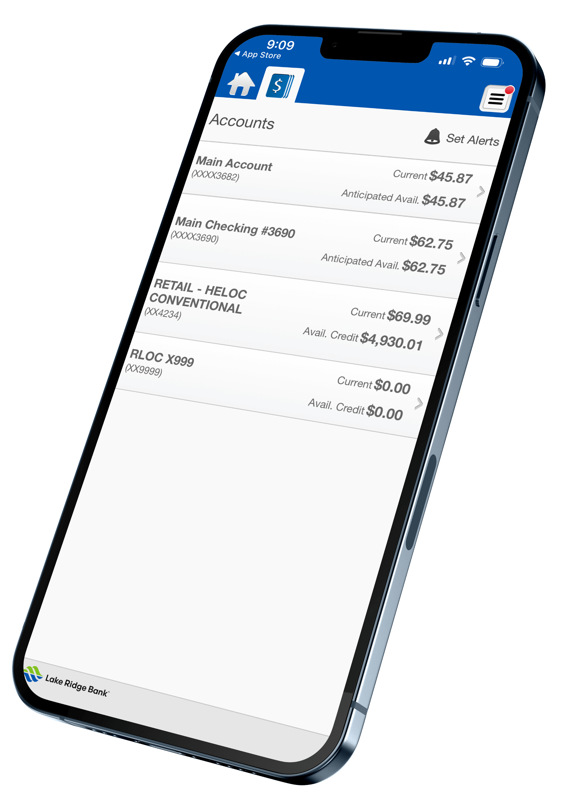 business mobile banking screen on the lakeridge bank mobile app