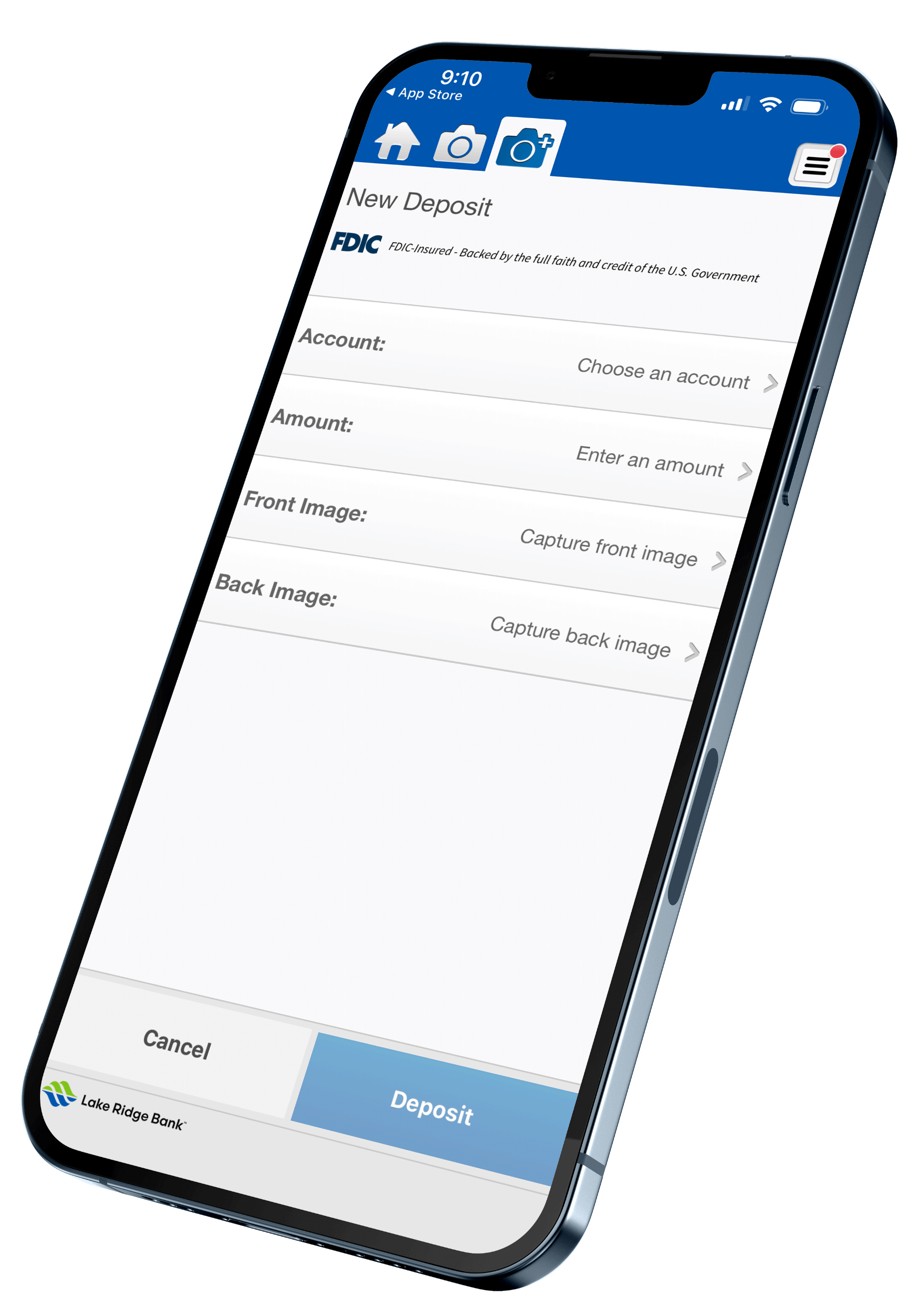 business mobile deposit screen on the lakeridge bank mobile app