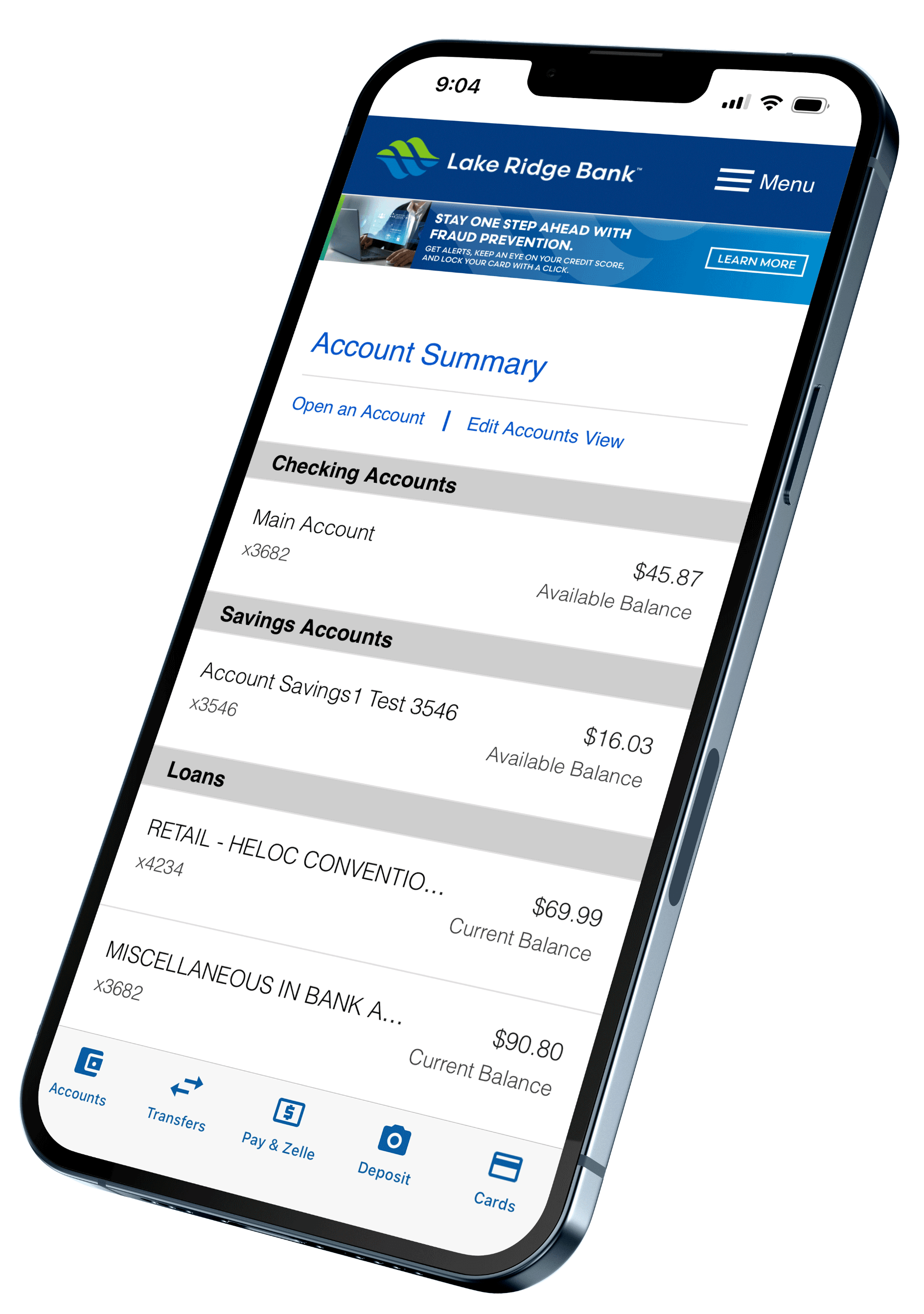 perrsonal account summary screen on the lakeridge bank mobile app