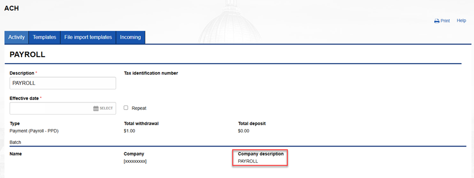 Example of the Payroll feature in Business online banking