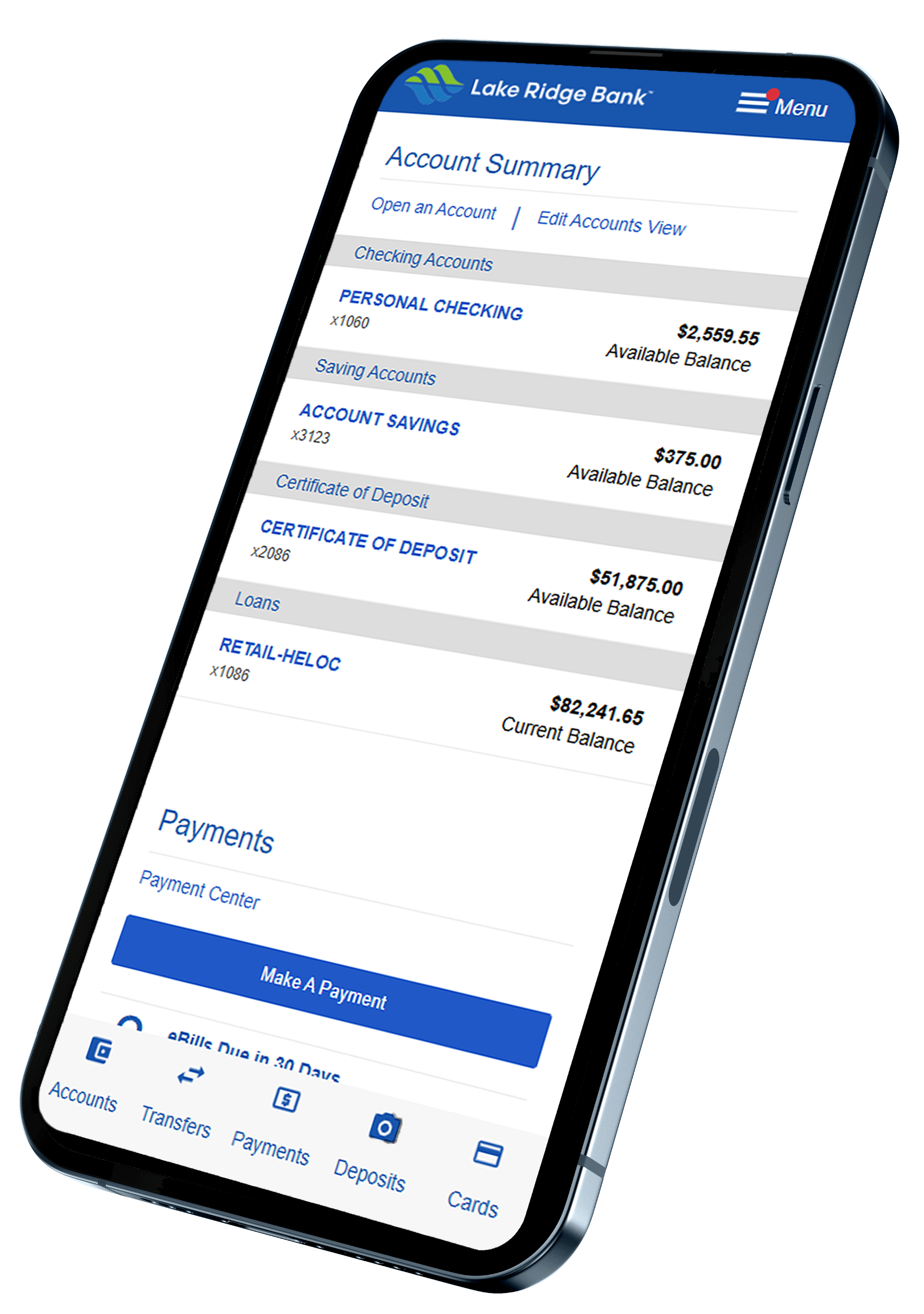 Personal Mobile Banking Account Summary Page